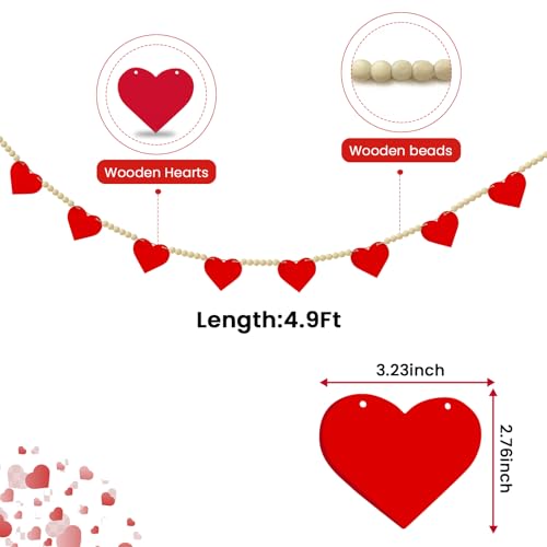 Image of Valentines Garland Decorations Banner, Pre-Assembled Wooden Hearts with Wooden Bead Garland for Valentines Day Decor, Hanging Banner for Mantel Home Fireplace Wall Party Decor