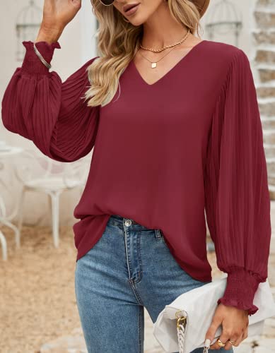 Business Casual Tops For Women,V Neck Chiffon Work Blouse Elegant Long Balloon Sleeve Shirts Flattering Semi Formal Wedding Guest Tops Teacher Clothes Wine Red #TOP1