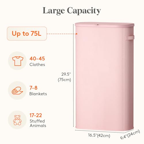Image of Lifewit Slim Laundry Basket with Lid, Narrow Large Laundry Hamper with Plastic Handles and Removable Bag, Tall Foldable Dirty Clothes Hampers for Laundry Room, Bedroom, Bathroom, Dorm, 75L Pink