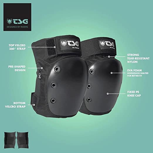 TSG Kneepad All Terrain Protective Pad, Skateboarding, Hardshell, EVA Foam, PE Knee Cap, Pre Shaped, Horseshoe, Tear Resistant Nylon, Top 360 Degree Strap, Pull Over, Swiss Design, Black