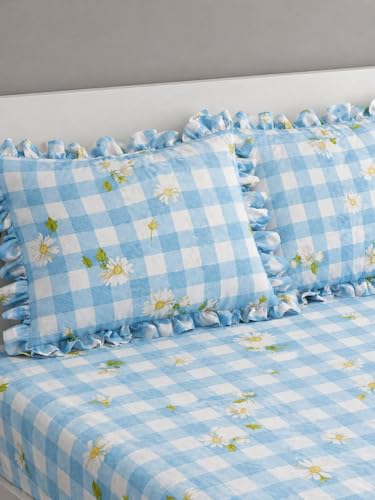 Image of VOMZER King Size (72x78) 300 TC Soft Cotton Feel Microfiber All Around Elastic Fitted Double Bedsheet with 2 Frill Pillow Covers | Blue Check