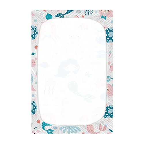 Image of Fitted Crib Sheets Cute Mermaid and Octopus Stretchy Portable Playard Sheets for Baby Toddler, Breathable Soft Mini Crib Mattress 39 x 27 in for Boys and Girls