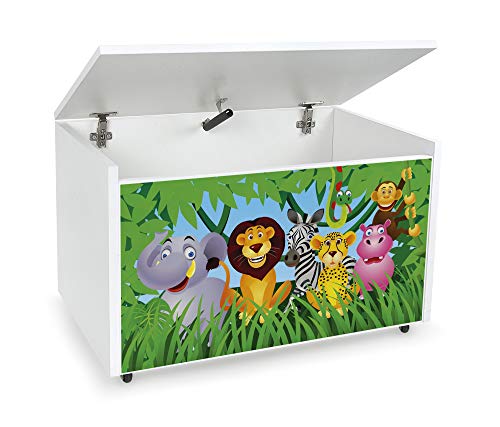 leomark Contenitore portagiochi in legno, panca su ruote - ZOO - scatola con coperchio, mobili per camera da letto, cassapanca per bambini, bianco 91L, dimensioni: 71 cm x 40 cm x 46 cm (Altezza)