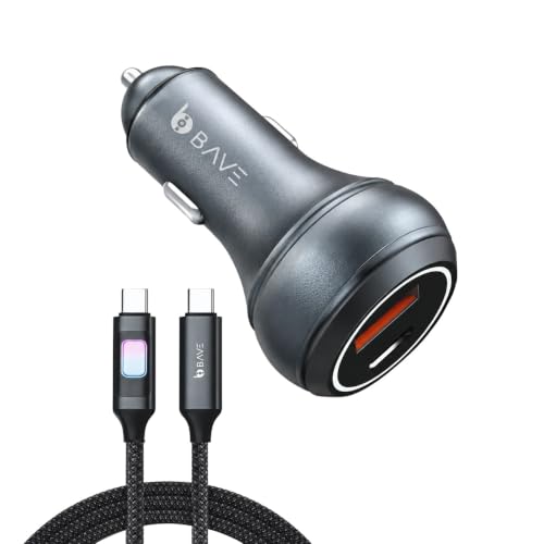 BAVE 145W Flash Charge 100W Supervooc +45W Pd/Pps Car Charger, Bis Certified, Dual Port Fast Smart Car Charger, Compatible with Smartphones, Laptops, USB Devices +USB C Cable (Silver)