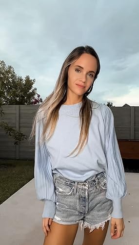 Ybenlow Womens Long Sleeve Knit Sweater Crewneck Trendy Loose Pullover Tops Pleated Lantern Sleeves Casual Sweaters Jumper Tops Light Blue thumb #6