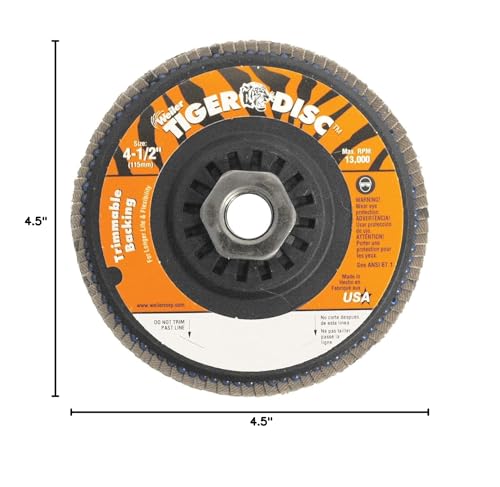 Image of Weiler 50006 Tiger 5 /8 inch-11 Arbor, 4-1 /2 inch Diameter, 40 Grit, Zirconium, Trimmable Composite Backing, Angled Abrasive Flap Disc