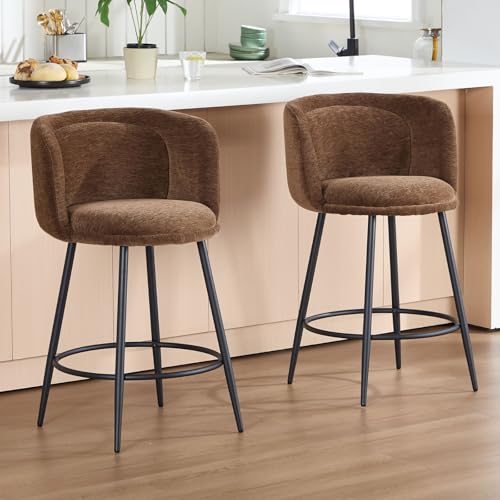 Tabourets de bar en chenille marron avec dossier | Lot de 4 - 3