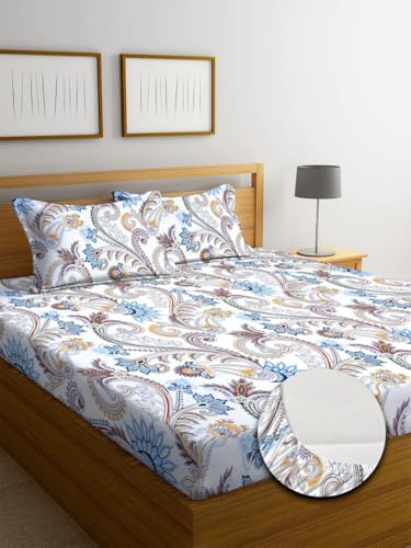 Image of Blue Strip 300 TC Cotton Feel Glace Cotton Elastic Fitted Printed Queen Size Double Bed Bedsheet with 2 Pillow Covers Fits Upto 8 inches,Size- 60x78x8 Inches