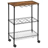 SONGMICS Bar Cart, Kitchen Serving Cart for Liquor Drink, Metal Wine Cart with Wheels and Glass Stem Holders and Bottle Rack, Industrial, Rustic Brown and Black ULGR041B01