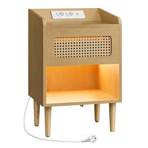 SONGMICS HOME BOHOVEN Kollektion - Nachttisch mit Ladestation, Beistelltisch mit Bewegungsensor, Couchtisch Rattan-Optik, Massivholzbeine, Schlafzimmer, Boho-Stil, eichenbeige LET617Y02V1 SONGMICS HOME BOHOVEN Kollektion - Nachttisch mit Ladestation, Beistelltisch mit Bewegungsensor, Couchtisch Rattan-Optik, Massivholzbeine, Schlafzimmer, Boho-Stil, eichenbeige LET617Y02V1