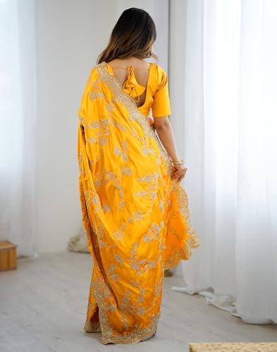 Image of SIRIL Women's Satin Embroidery And Scalloped Border Saree With Unstitched Blouse Piece