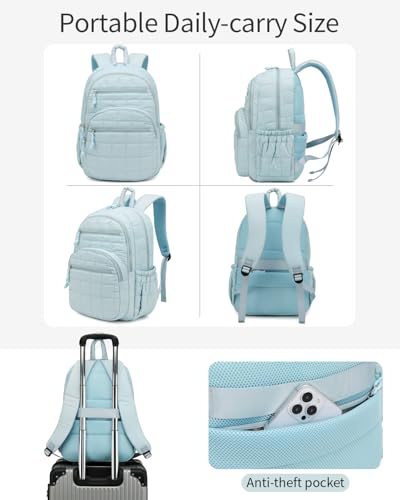 Image of Bookbag for Women, Teen Girls Backpack for High School College Student, Puffer Quilted Back Pack Cute Laptop Backpack for Work Travel Mom Casual Daypack, Blue