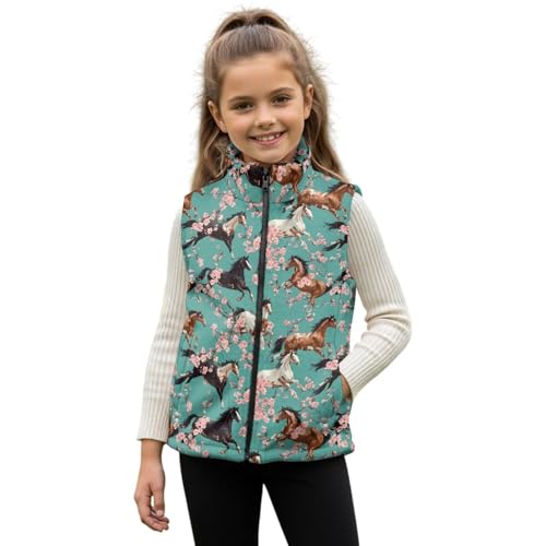 Frymappies Horse Floral Sleeveless Fleece Jacket for Girls' Zip up Outerwear Vests 5T 6T Kids Fashion Stand-up Collar Vest with Pockets Little Girls Warm Winter Clothes for School Athletic