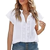 Lcucyes Women's White Blouses Cap Sleeve V Neck Tshirts Dressy Casual Summer Eyelet Tops