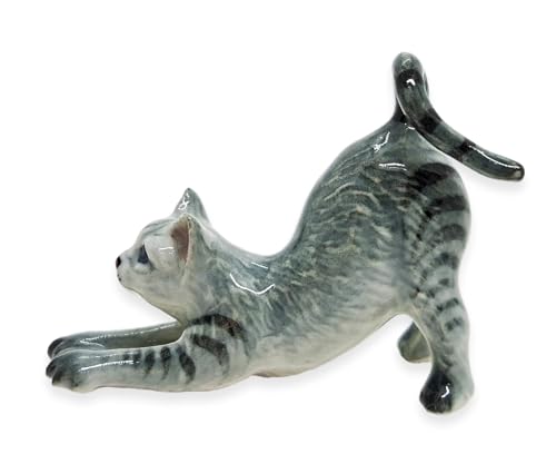 WitnyStore Gray Tabby Cat Stretching Figurine