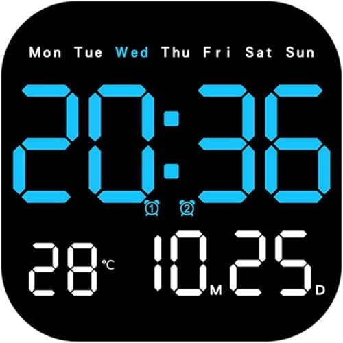 Image of 15-Inch Digital Wall Clock with Large LED Display - Remote Control, Auto-Dimming, Night Light, Date, Day, Temperature, DST Function - Ideal for Living Room, Bedroom (Square 9 inch Blue)