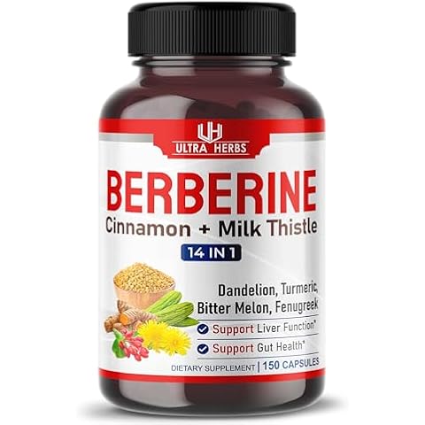 ULTRA HERBS Premium Berberine 12,200MG with Cinnamon, Milk Thistle *USA Made & Test* Promotes Liver Function, Gut Health, Immunity (150 Count (Pack of 1)) Cover