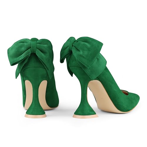 Image of Zzheels Women's Bow Heels Pointed Toe Chunky Pumps | Back Bow, Flare Heels, Block Heels, Bridal Wedding Shoes
