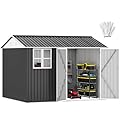 DWVO 10x8ft Large Tool Storage Shed with Window, Lockable Doors, and Sloped Roof, Oversized Steel Outdoor Storage Shed for Garden, Patio, Garage, Backyard, Lawn - Gray & White