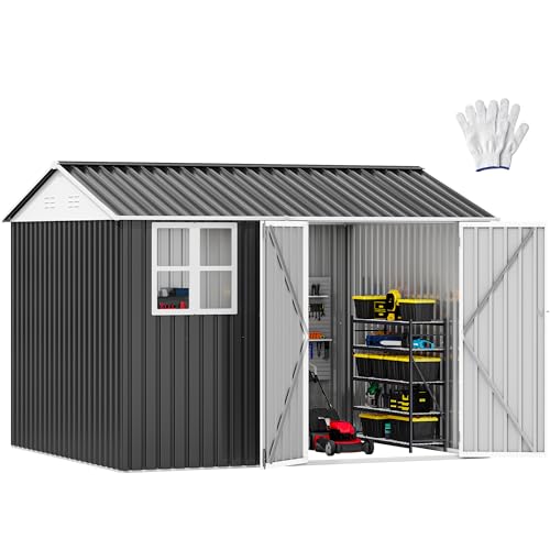 Image of DWVO 10x8ft Large Tool Storage Shed with Window, Lockable Doors, and Sloped Roof, Oversized Steel Outdoor Storage Shed for Garden, Patio, Garage, Backyard, Lawn - Gray & White