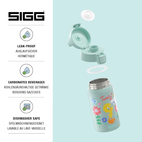 SIGG – Edelstahl Trinkflasche Kinder – SHIELD ONE Tweety – Für kohlensäurehaltige Getränke geeignet – Federleicht – BPA-frei – Sport & Schule – Hellblau mit Tweety – 0,5 L