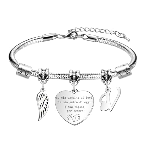 Coagurmes A Mia figlia Bracciale Regalo,26 Lettera A-Z Argento Cuore Bracciale Pendente Per Le Donne Ragazze Figlia figliastra Compleanno Natale (V)
