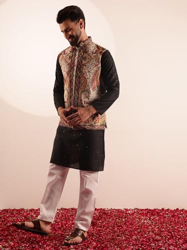 Image of SOJANYA Men's Silk Blend Black Kurta & White Pyjama With Velvet Paisley Design Nehru Jacket