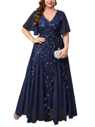 ZOMVA Plus Size 0X-4X Sequin Embroidery Formal Long Dress Glitter V-Neck A Line Prom Dress Wedding Evening Gown