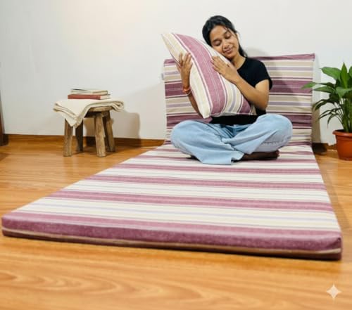 Image of Foldable Mattress Queen Bed Size 5 x 6 Feet | Soft Foam Folding Floor Sleeping Mattress with 1 Filled Pillow for Travel, Camping, Home, Yoga Hostel Guest Room PG Use | Maroon White Stripped