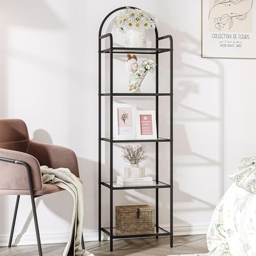Hzuaneri Bibliothèque, Étagères en verre trempé, Meuble d'étagères mince pour Chambre, Salle de bain, Bureau à domicile, Cadre en acier, 5 niveaux Noir...
