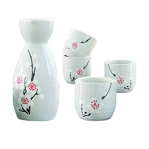 Liwein Sake Set,5-teilig Handbemalt Japanisch Kirschblüte Sake Becher Warm Wein Topf Traditionellektassen Weingläser Basteln Geschenk Weiß Cover