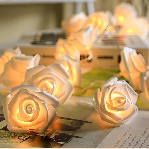 1PC LED Rose Flower String Lights Battery Operated - 5ft 10LED Romantic Lights for Wedding Valentine Party Decor (2xAA Not Included)​, White