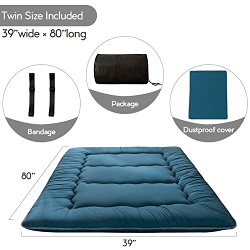 Image of MAXYOYO Japanese Floor Mattress Futon Mattress, Thicken Sleeping Pad Foldable Roll Up Floor Futon for Adults Tatami Mat Dormitory Lounger, Bluestone, Twin Size