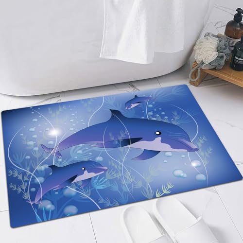 FSDGY Tapis de Bain,Tapis Salle de Bain Moelleux en Microfibre,Tapis de Douche Absorbant Lavable en Machine,Dauphins avec Une Plante sous-Marine,40x60 cm