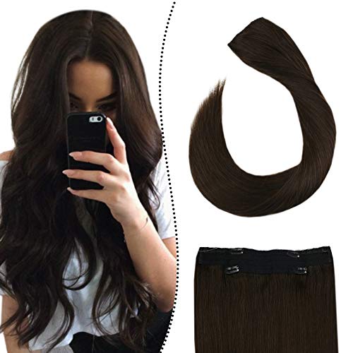 Ugeat 16 Inch Invisible Halo Wire Hair Extensions Brown Hair Extensions One Piece Secret Miracle Wire in Hairpieces Double Weft Human Hair Extensions 80G/Set Darkest Brown Color #2