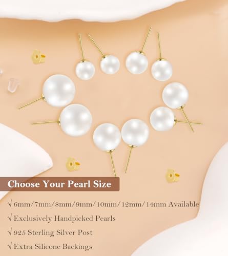 14mm Pearl Earrings for Women, Handpicked Big Shell Pearl Stud Earrings Hypoallergenic 18K Yellow Gold Vermeil Sterling Silver Earrings Studs3
