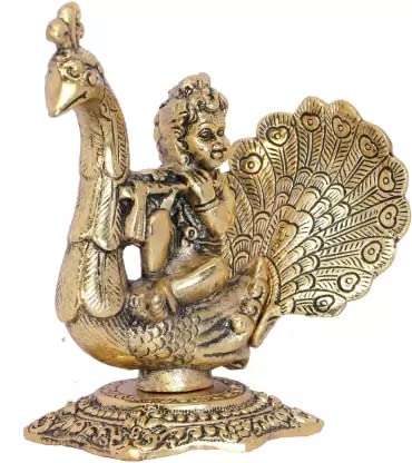 Image of KridayKraft Lord Krishna Sitting on Peacock Metal Statue Krishna Idol Playing Flute Decorative Showpiece - 15 cm (Aluminium, Gold)