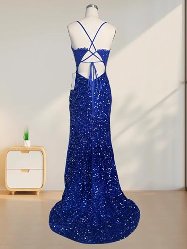 Sequins Prom Dresses Sparkly Corset Lace Appliques Spaghetti Straps Mermaid Long Slit Evening Gowns for Women 20254