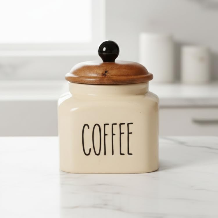 Image of Ceramic Coffee Jar Container Airtight Kitchen Storage Containers with Wooden Lids - Handcrafted Ceramic Canisters for Countertop, Pantry & Home Decor - 600ml, Beige