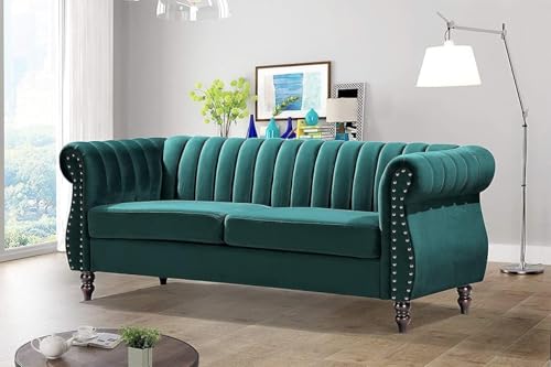 Image of Modern & Classic Chesterfield Sofa 5 Seater Sofa Velvet L-Shape Corner Sectional Button Tufted Sofa for Living Room, Dining Room, Office and Hallway-(Teal Green).