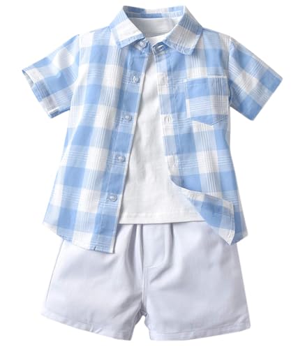 Image of SANGTREE 3 Piece Boy Outfits Short Sleeve Shirt and Shorts Set Beach Vacation Summer Clothes, 3 Months - 9 Years