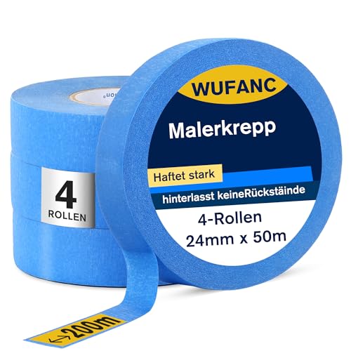 WUFANC Malerkrepp für präzise Farbkanten,Profi-Kreppband für Malerarbeiten,Malerband & Abdeckband blau, Abklebeband aus Washi-Papier (4 Rolle - 24 mm x 50 m)