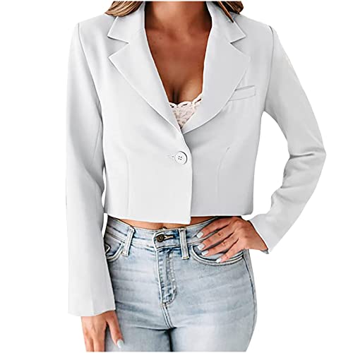 Women's Work Office Cropped Suit Blazer Jacket Slim Button All-Match Open Front Lightweight Cardigan Jackets Coat White #TOP22