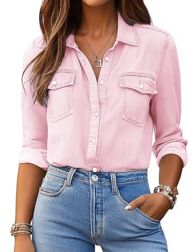Denim Shirt Women Chambray Jean Western Shirts Long Sleeve Button Down Tops