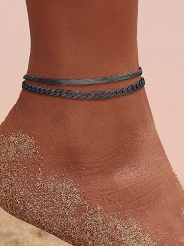 Image of FOCALOOK Anklet Bracelets Set for Women, 14K Gold Plated Waterproof Cuban Link Chain Layered Anklets Set for Plus Size Ankle 8-10.5 Inch Adjustable Summer Beach Jewelry Gift