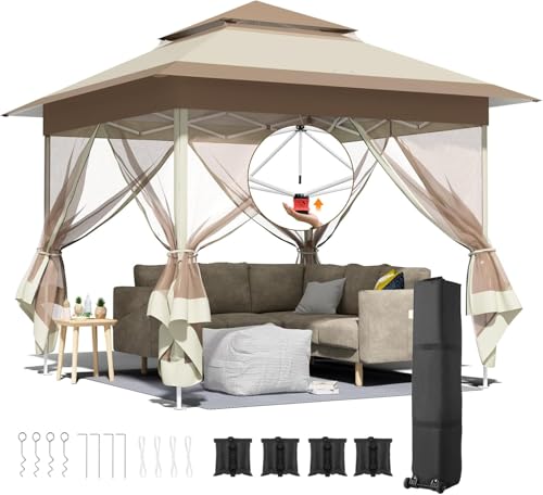 Tonnelle Pliante 3,3 x 3,3 m imperméable,avec 4 Toiles Moustiquaires, One Push Tonnelle de Jardin,Tente de fête à Double Toit, 4 Sacs de Sable, pour terrasse/marché/Camping/Plage, Marron Kaki