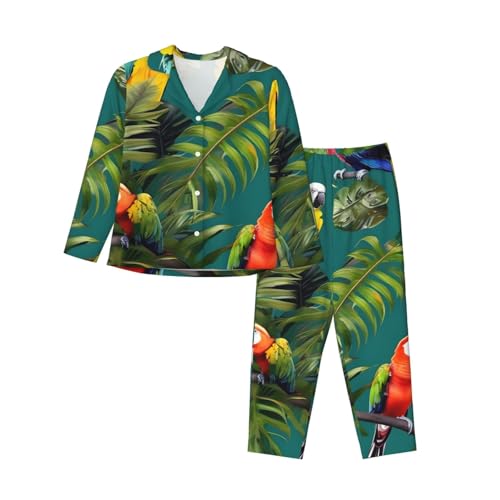 Pyjama femme manches longues imprimé perroquet en tissu fluide haut de gamme