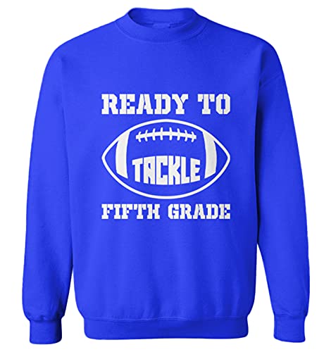Ready To Tackle Fifth Grade - Football Youth Fleece Crewneck Sweater (Royal Blue, Small (Youth))