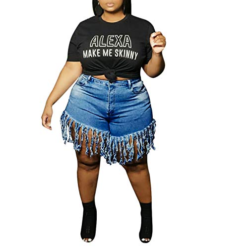IyMoo Women s Plus Size High Rise Elastic Waist Fringe Ripped Denim Jean Shorts Dark Blue 4XL