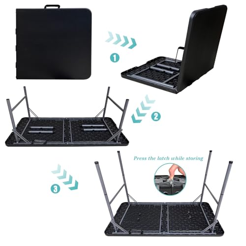 Image of Gocamptoo Folding Table,4ft Indoor Outdoor Heavy Duty Portable Folding Square Plastic Dining Table w /Handle, Lock for Picnic, Party, Camping (4 FT) Black